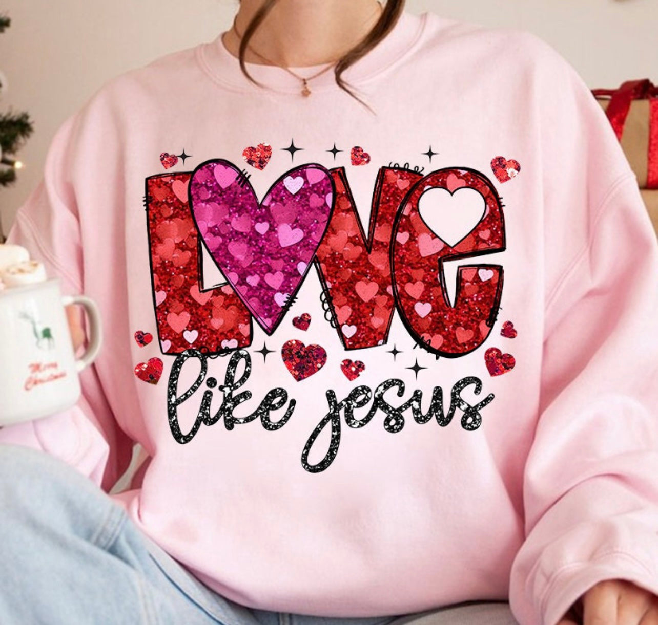 Faux Sequins "Love Like Jesus"- Adult Long Sleeve Tee, Sweatshirt