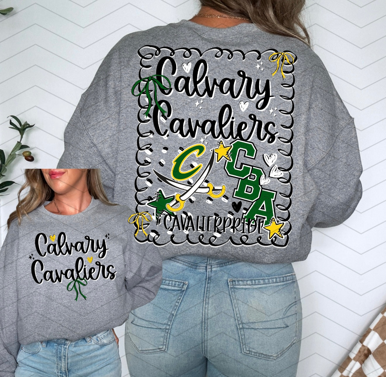Calvary Cavaliers Bow Mascot Design Front/Back-Short Sleeve Tee, Long Sleeve Tee, Sweatshirt
