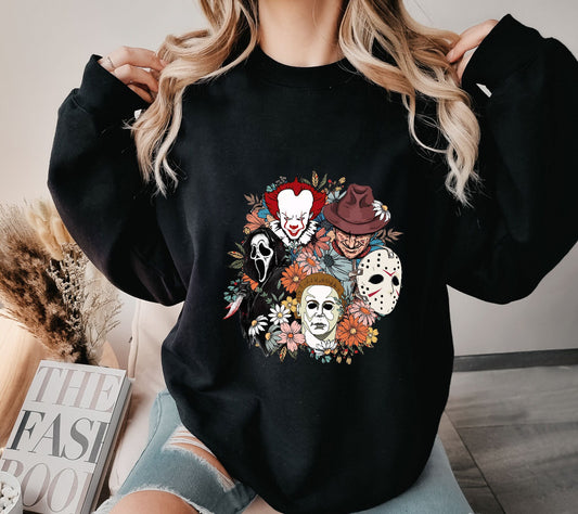 Floral Horror Movie Halloween Characters - Short Sleeve Tee, Long Sleeve Tee, Sweatshirt