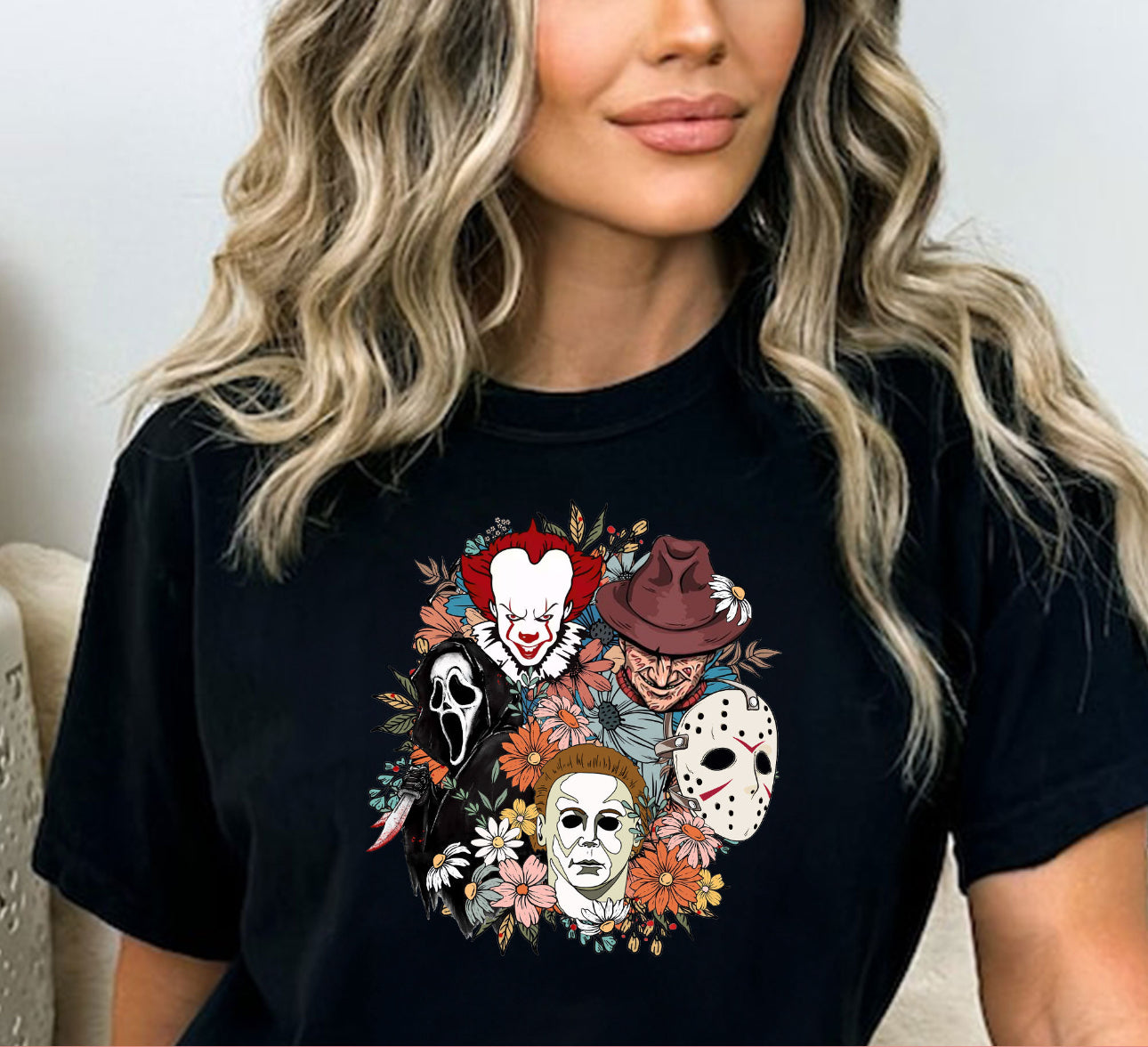 Floral Horror Movie Halloween Characters - Short Sleeve Tee, Long Sleeve Tee, Sweatshirt