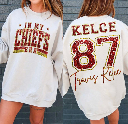 "In My Chiefs Era/Kelce 87 Faux Sequins" - Adult Long Sleeve Tee, Sweatshirt