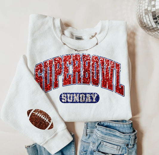 "Faux sequins Super Bowl Sunday w/ Football Sleeve" - Adult Long Sleeve Tee, Sweatshirt