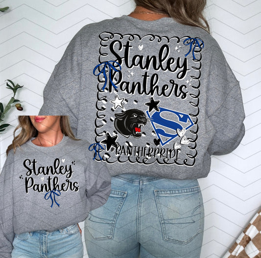 Stanley Panthers Bow Mascot Design Front/Back-Short Sleeve Tee, Long Sleeve Tee, Sweatshirt