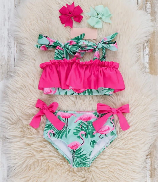 Flamingo Palm Ruffle Girls Swimsuit***ETA MID MAY