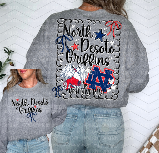 North Desoto Griffins Bow Mascot Design Front/Back-Short Sleeve Tee, Long Sleeve Tee, Sweatshirt